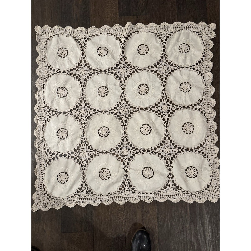 Crochet & linen Vintage Tablecloth Table square Beautiful Handmade 42" - Picture 9 of 9